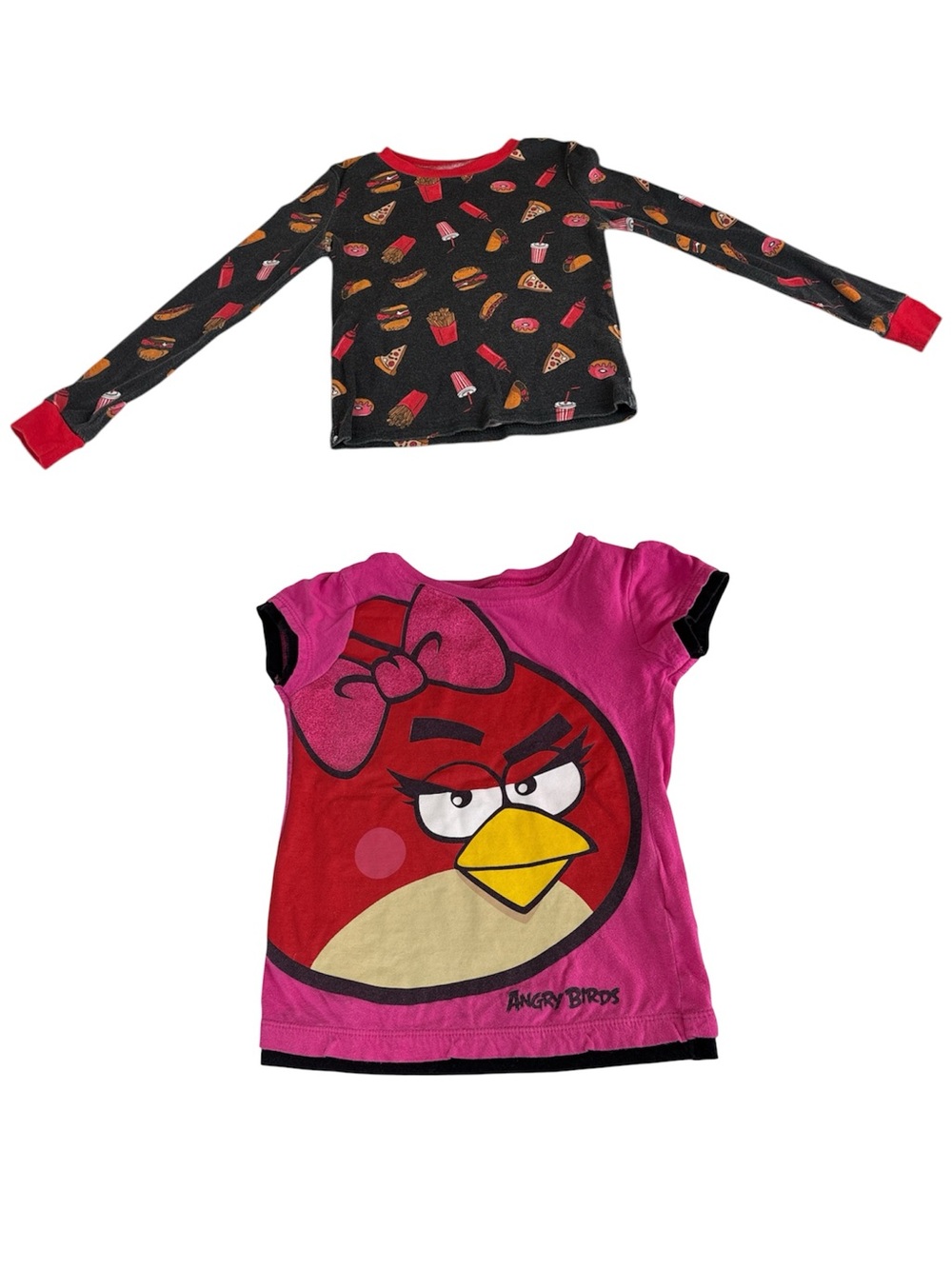 Angry Birds Pink Red Graphic Tee + Black pizza allover Print Long Sleeve Top 5/6